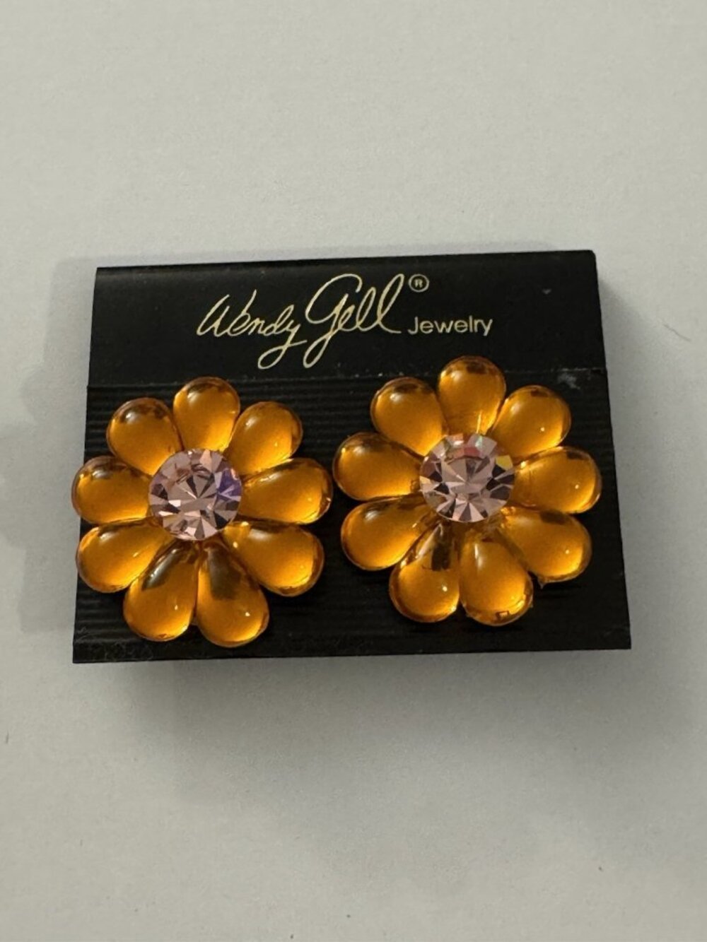 Vintage Wendy Gell Orange Flower Earrings Gems RP1
